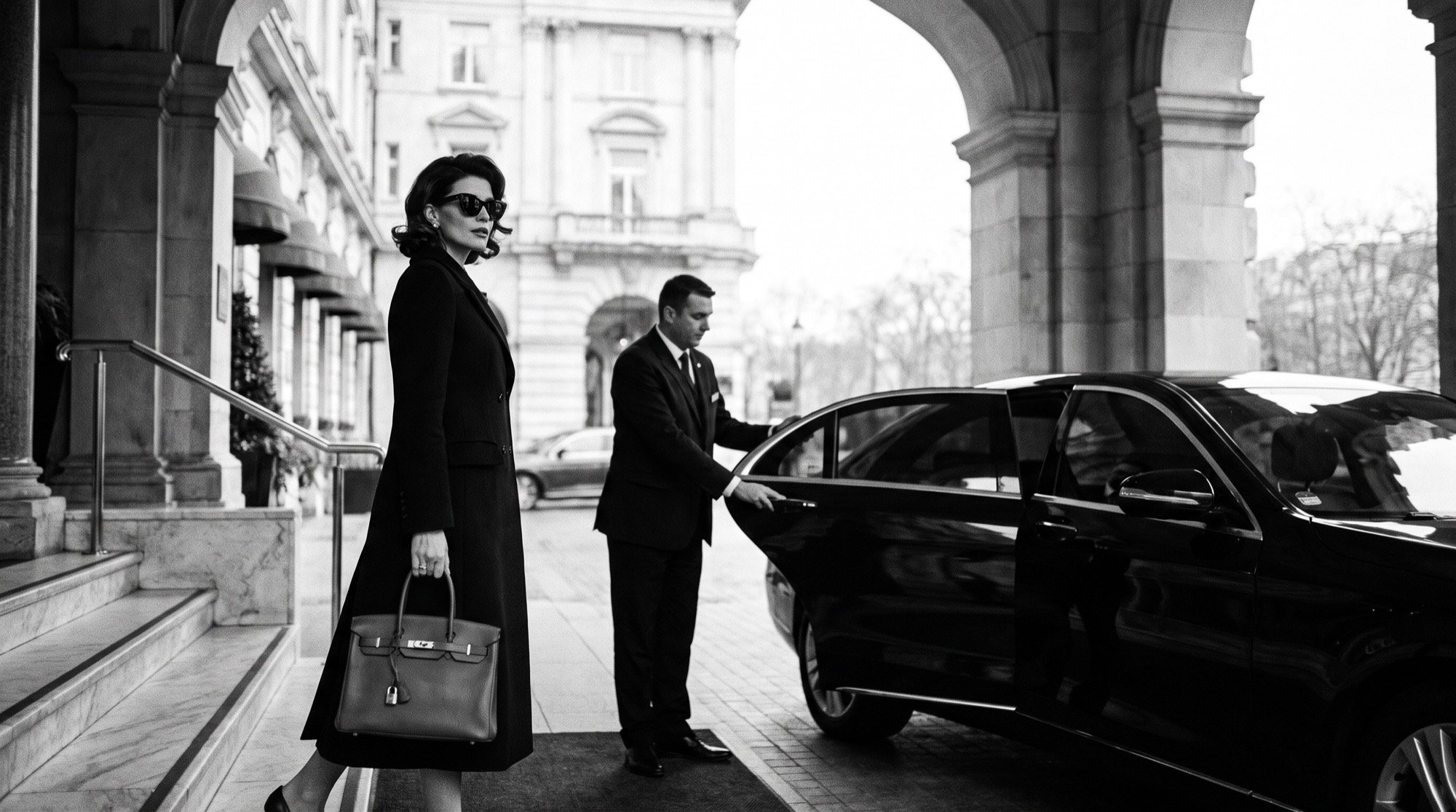 A woman stepping into a car outside a hotel.
